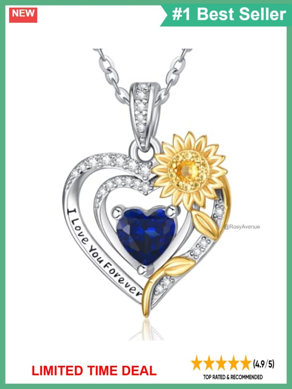 Sterling Silver Sunflower Pendant Necklace Sapphire Heart Birthstone Women